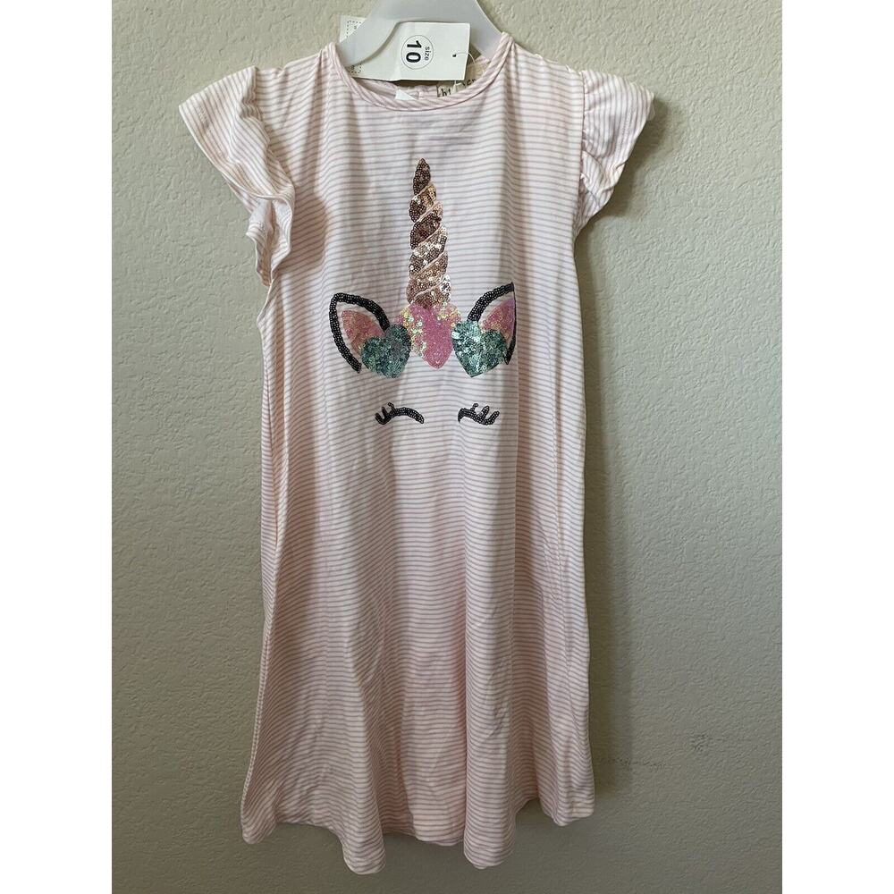 Pink Striped Unicorn Sequin Hearts Ruffle Cap Sleeve T Shirt Swing Dress Size 10